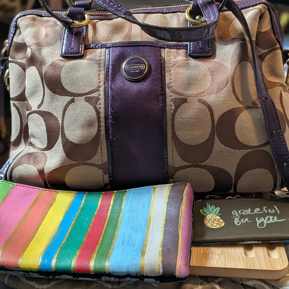 Coach Signature  Brown & Purple Satchel Tote Bag